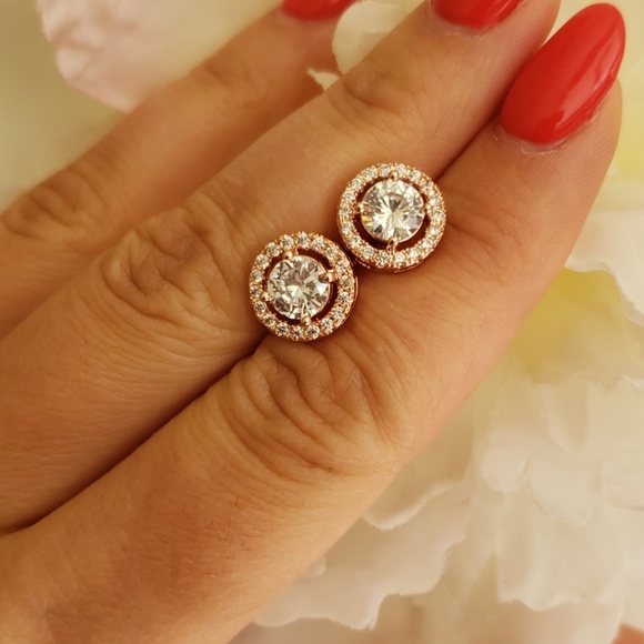 Round Rose Gold Earrings with Real Cubic Zirconia - Picture 6 of 7